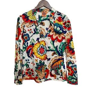 Tory Burch Stephanie Floral Tunic Size 2 White Long Sleeve Sequins Flowers Top